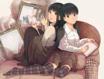  2girls amagami ayatsuji_tsukasa black_eyes black_hair book long_hair mirror pantyhose skirt thigh-highs 