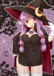  :o blush crescent garter_straps gloves halloween hat hat_ribbon highres long_hair patchouli_knowledge purple_hair red_eyes ribbon solo spider_web thigh-highs thigh_strap thighhighs touhou trick_or_treat white_gloves white_legwear witch witch_hat yukiu_kon 