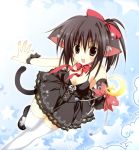  :d absurdres animal_ears black_hair cat_ears cat_tail copyright_request crescent_moon dress highres korie_riko lace-trimmed_skirt moon open_mouth smile star tail thigh-highs thighhighs wand white_legwear 
