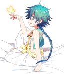  :d :o aladdin_(magi) barefoot blue_eyes blue_hair braid butterfly clenched_hand flute instrument long_hair magi_the_labyrinth_of_magic mizuki_makoto open_mouth single_braid sitting smile solo 