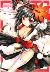  1girl black_hair blush breasts cleavage fan feathers funnyfunny kourindou_tengu_costume marker_(medium) no_panties obi red_eyes sample shameimaru_aya short_hair solo thighhighs touhou traditional_media white_legwear wings 