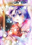  absurdres animal_ears artist_request badcatking blush bow cat_ears fang hat heart highres miyako_yoshika ofuda open_mouth purple_eyes purple_hair ribbon short_hair snowflakes solo star tail tail_bow touhou translated violet_eyes window 