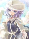  hat highres lavender_hair letty_whiterock long_sleeves looking_away no_nose open_mouth outstretched_hand purple_eyes purple_hair short_hair sky solo sunlight ti_owo touhou violet_eyes wide_sleeves 
