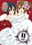  bare_shoulders black_hair blush bridal_veil brown_eyes brown_hair carrying dress elbow_gloves flower gloves hair_flower hair_ornament hirasawa_yui k-on! long_hair multiple_girls nakano_azusa open_mouth princess_carry ragho_no_erika short_hair smile twintails veil wedding_dress wings 