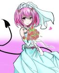  bouquet bridal_veil dress flower momo_velia_deviluke pink_eyes pink_hair short_hair solo tail to_love-ru to_love-ru_darkness veil wedding_dress 