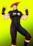  1boy abs adon alternate_costume bodysuit fingerless_gloves fullmonty gloves gradient gradient_background grin knee_pads mixed_martial_arts muscle orange_hair pose smile socks solo spiked_hair spiky_hair street_fighter 