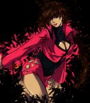 artist_request breasts brown_hair cleavage cleavage_cutout colored dark_persona dark_skin hair_over_eyes king_of_fighters large_breasts leaning_forward lipstick long_hair makeup miniskirt navel ponytail popped_collar shermie skirt solo 