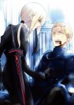  1girl blonde_hair blood blood_in_mouth blue_eyes dark_excalibur fate/stay_night fate/zero fate_(series) formal kayneth_archibald_el-melloi long_hair nogi_(acclima) pant_suit ponytail saber saber_alter suit sword weapon wince 