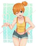  aqua_background bare_shoulders denim denim_shorts green_eyes hand_on_hip heart highres kasumi_(pokemon) midriff misty_(pokemon) navel open_mouth orange_hair pokemon pokemon_(anime) shorts simple_background smile solo suspenders tank_top tasupo thigh_gap wide_hips wink 