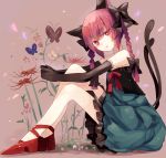  animal_ears bare_shoulders bow braid butterfly cat_ears cat_tail elbow_gloves flower gloves hair_bow highres kaenbyou_rin looking_at_viewer multiple_tails otegoya red_eyes red_hair redhead ribbon solo tail touhou twin_braids 