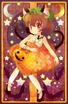  alternate_costume animal_ears bare_arms bare_shoulders bat blush bow brown_eyes brown_hair card cat_ears cat_tail chen crescent dress earrings floral_print halloween hat highres jack-o&#039;-lantern jack-o'-lantern jewelry looking_at_viewer multiple_tails pants_under_dress piercing pumpkin short_hair single_earring smile solo star strapless_dress tail takamoto_akisa tattoo touhou yellow_dress 
