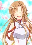  asuna_(sao) breastplate brown_eyes brown_hair chiha_nae detached_sleeves long_hair open_mouth smile sword_art_online 