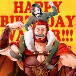  armor bangs beard birthday black_eyes black_hair bob_cut carrying cicca facial_hair fate/zero fate_(series) male multiple_boys parted_bangs red_eyes red_hair redhead rider_(fate/zero) shoulder_carry vambraces 