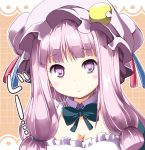  :&lt; blush bowtie breasts bust cleavage crescent hair_ribbon hat long_hair looking_at_viewer patchouli_knowledge purple_eyes purple_hair ribbon rioshi solo touhou violet_eyes 