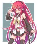  adapted_costume bare_shoulders belt black_legwear blush cosplay detached_sleeves headset kagamine_rin kagamine_rin_(cosplay) katana long_hair navel open_mouth outline red_eyes red_hair redhead roke shakugan_no_shana shana skirt solo sword thigh-highs thighhighs trembling v vocaloid wavy_mouth weapon 