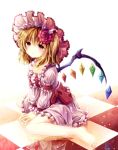  alternate_costume barefoot blonde_hair blush checkered checkered_floor collarbone dress flandre_scarlet flower hair_flower hair_ornament hat highres mikkii red_eyes side_ponytail sitting solo touhou v_arms wariza wings 