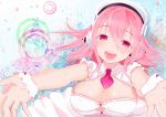  1girl :d breasts bust cleavage dress frills headphones highres large_breasts nitroplus open_mouth outstretched_arms pink_eyes pink_hair smile solo super_sonico yamada_ranga 