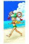  anklet barefoot dragon_kid green_eyes green_hair hat highres huang_baoling jacket jewelry midriff short_hair shorts solo superhero swimsuit tankini tiger_&amp;_bunny westmonkey 