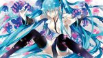  aqua_hair bottomless detached_sleeves hatsune_miku long_hair mushroom necktie purple_eyes sitting solo tears thigh-highs thighhighs tibino very_long_hair violet_eyes vocaloid 