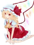  all_fours ascot barefoot blonde_hair colored_eyelashes emone04 fangs flandre_scarlet hat hat_ribbon open_mouth red_eyes ribbon rough short_hair side_ponytail skirt skirt_set solo touhou v_arms white_background wings 