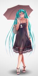  alternate_color aqua_eyes aqua_hair aqua_nails bag bare_shoulders barefoot_sandals black_dress collarbone dress grin hatsune_miku high_heels holding jewelry long_hair looking_at_viewer nail_polish necklace open_shoes sandals shoes simple_background smile solo standing toenail_polish twintails umbrella very_long_hair vocaloid white_background wokada 