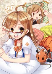  :d ahoge blush_stickers braid brown_eyes brown_hair danny_choo_(website) glasses long_hair looking_at_viewer lying on_stomach open_mouth pillow saisou_(2ndere) single_braid skirt smile solid_oval_eyes solo suenaga_mirai 