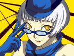  artist_request bespectacled elizabeth_(persona) glasses gloves hat kamui_sathi looking_at_viewer persona persona_3 persona_4:_the_ultimate_in_mayonaka_arena short_hair silver_hair smile solo yellow_eyes 
