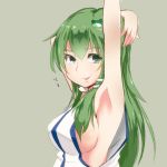  arm_up armpits breasts female frog_hair_ornament green_background green_eyes green_hair grey_background hair_ornament kochiya_sanae large_breasts long_hair no_bra rough sideboob simple_background smirk solo tenyunkel text touhou translated translation_request 