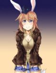  animal_ears bad_id breasts bunny_ears charlotte_e_yeager cleavage coat cutoffs denim denim_shorts dress_shirt hands_in_pockets kuronyan long_hair looking_at_viewer night night_sky rabbit_ears shirt short_shorts shorts sky smile solo standing star_(sky) starry_sky strike_witches tail 