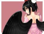  1girl alternate_costume alternate_hairstyle bare_shoulders black_hair black_wings bust from_behind hair_up hat japanese_clothes kimono looking_back no_bra profile red_eyes shameimaru_aya short_hair simple_background smile solo spitfire99 tokin_hat touhou undressing wings 