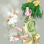  apron artist_name blush bowl chopsticks dated egg food food_on_face green_eyes green_hair holding isedaichi_ken midorikawa_nao mouth_hold nattou plate ponytail precure rice rough sausage sleeves_rolled_up smile_precure! solo sunny_side_up_egg 
