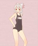  alternate_costume blush breasts female fujiwara_no_mokou hair_ribbon hand_on_hip kunka_kunka miyo_(ranthath) partially_translated red_eyes ribbon school_swimsuit sideboob silver_hair solo standing swimsuit text touhou translation_request wall_of_text 