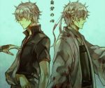  back-to-back bad_id blood blood_on_face dual_persona gintama headband japanese_clothes multiple_boys red_eyes silver_hair sleepy69 