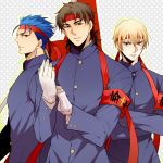  armband blonde_hair blue_hair brown_eyes brown_hair earrings fate/stay_night fate_(series) gakuran gilgamesh gloves hachimaki headband jewelry kotomine_kirei lancer male multiple_boys pinki_(shounenkakuseiya) ponytail red_eyes school_uniform 