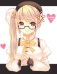  alternate_hairstyle artist_name bespectacled blonde_hair bust glasses hair_ornament hat heart long_sleeves mahou_shoujo_madoka_magica puffy_sleeves side_ponytail smile solo tomoe_mami verjuice yellow_eyes 