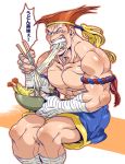  1boy abs adon armband bandage bandages bared_teeth doboshiru eating food mongkhon muscle noodles orange_hair pectorals ramen shirtless shorts sitting solo street_fighter 