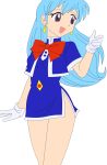  1girl aqua_hair gloves highres legs long_hair miniskirt photoshop short_dress skirt smile stewardess tenjouin_katsura thighs vector_trace violet_eyes 