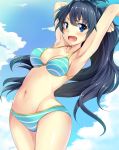  :d armpits arms_up bikini black_hair blue_eyes blush breasts fang ganaha_hibiki hinata_sora idolmaster long_hair looking_at_viewer mound_of_venus navel open_mouth ponytail smile solo striped striped_bikini striped_swimsuit swimsuit 