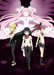  4girls akemi_homura black_hair blonde_hair bow choker closed_eyes drill_hair gloves goddess_madoka hair_bow hair_ornament hairband highres juliet_sleeves kaname_madoka loafers long_hair long_sleeves mahou_shoujo_madoka_magica maruki_(punchiki) mary_janes multiple_girls pantyhose pink_hair plaid plaid_skirt ponytail puffy_sleeves purple_eyes red_eyes red_hair redhead sakura_kyouko school_uniform shoes skirt socks tomoe_mami twin_drills two_side_up ultimate_madoka violet_eyes white_gloves wings yellow_eyes 