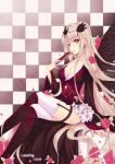  artist_name black_wings blonde_hair breasts character_request cleavage collarbone copyright_request dungeon_and_fighter earrings fan flower frills hair_ornament highres jewelry long_hair long_sleeves petals pink_eyes rose sitting solo thighhighs verjuice very_long_hair wide_sleeves wings 