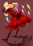  alternate_costume bent_over blonde_hair bow dress flandre_scarlet flower gloves hair_bow kol49 pantyhose red_dress red_eyes rose shoes side_ponytail simple_background solo touhou wings 