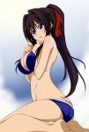  bikini black_hair blue_eyes breasts butt_crack cleavage oda_nobuna_no_yabou ponytail shibata_katsuie_(oda_nobuna_no_yabou) sitting solo swimsuit waochi. wariza 
