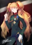  aiguillette asa_(y-asa) baton blonde_hair blue_eyes copyright_request grin hair_ornament hair_ribbon iron_cross long_hair medal military military_uniform ribbon smile solo sword twintails uniform very_long_hair weapon 