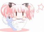  :&lt; animal_ears cat_ears cat_tail chibi cup in_container in_cup kagerou_(kers) kemonomimi_mode minigirl pink_hair solo star tail teacup twintails yoshikawa_chinatsu yuru_yuri |_| 