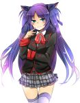  little_busters!! long_hair matsurinnu plaid plaid_skirt purple_hair sasasegawa_sasami school_uniform skirt thigh-highs thighhighs twintails 