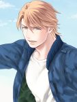  80a0euu8 blonde_hair blue_eyes blue_jacket bomber_jacket jacket keith_goodman solo tiger_&amp;_bunny 