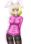  animal_ears black_legwear blonde_hair blue_eyes blush bottomless breasts bunny_ears character_request copyright_request frown fuyutsuki_hide glasses highres looking_at_viewer no_pants panties panties_under_pantyhose pantyhose rabbit_ears shadow short_hair simple_background track_jacket underwear 