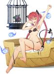  animal_ears arm_up armpits barefoot bikini birdcage black_bikini black_ribbon blush braid cage cat_ears cat_tail feet highres inko kaenbyou_rin liking multiple_tails open_mouth parody red_hair redhead reiuji_utsuho reiuji_utsuho_(bird) ribbon sitting solo swimsuit tail tail_bow toes tongue toradora! touhou twin_braids twintails waking_up wink yawning yellow_eyes 