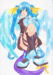  bare_shoulders blue_hair bow breasts dizzy feathers guilty_gear hair_bow highres long_hair open_mouth red_eyes ribbon solo tail tail_ribbon thigh-highs thighhighs twintails very_long_hair wings 