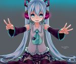  1girl aqua_eyes blue_hair detached_sleeves hatsune_miku headphones long_hair matching_hair/eyes necktie thighhighs twintails v vocaloid 